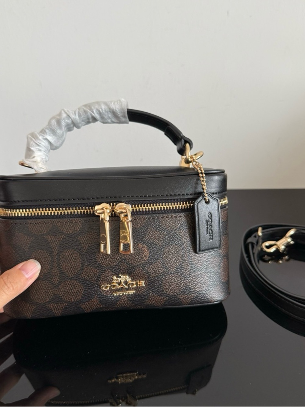 Coach Brown Signature Cosmetic Crossbody with Black Trim & Gold Hardware